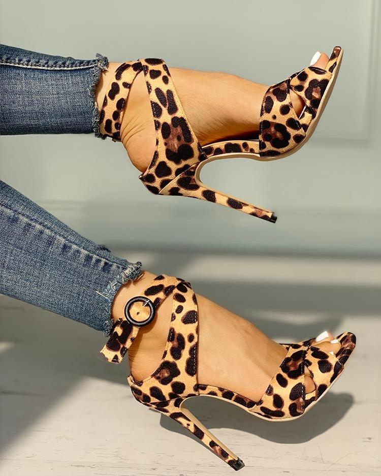 Leopard Crisscross Ankle Buckle Thin Heeled Sandals