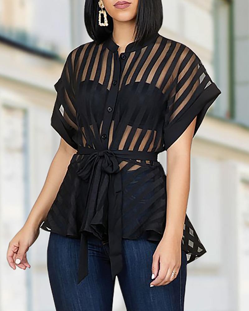Outlet26 Striped See Through Buttoned Tied Waist Shirt black