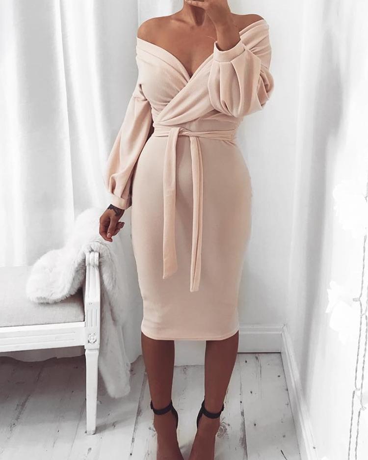 Outlet26 Off Shoulder Twisted Waist Tie Sexy Midi Dress nude