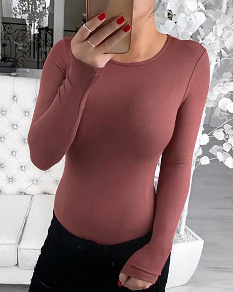 Outlet26 Solid Round Neck Long Sleeve Bodysuit coffee