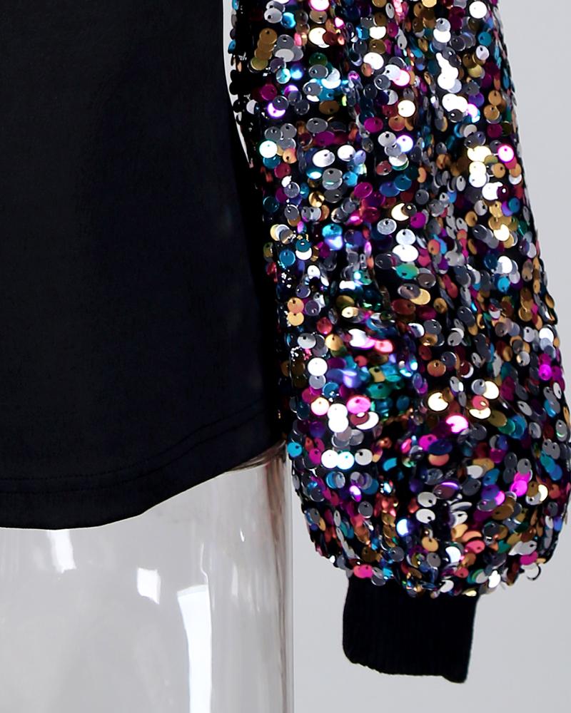 Mock Neck Lantern Sleeve Sequins Colorblock Insert Blouse