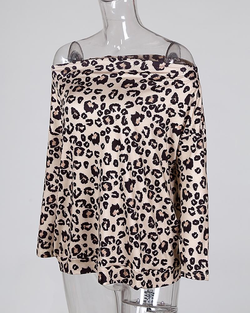 Off Shoulder Leopard Print Long Sleeve Blouse