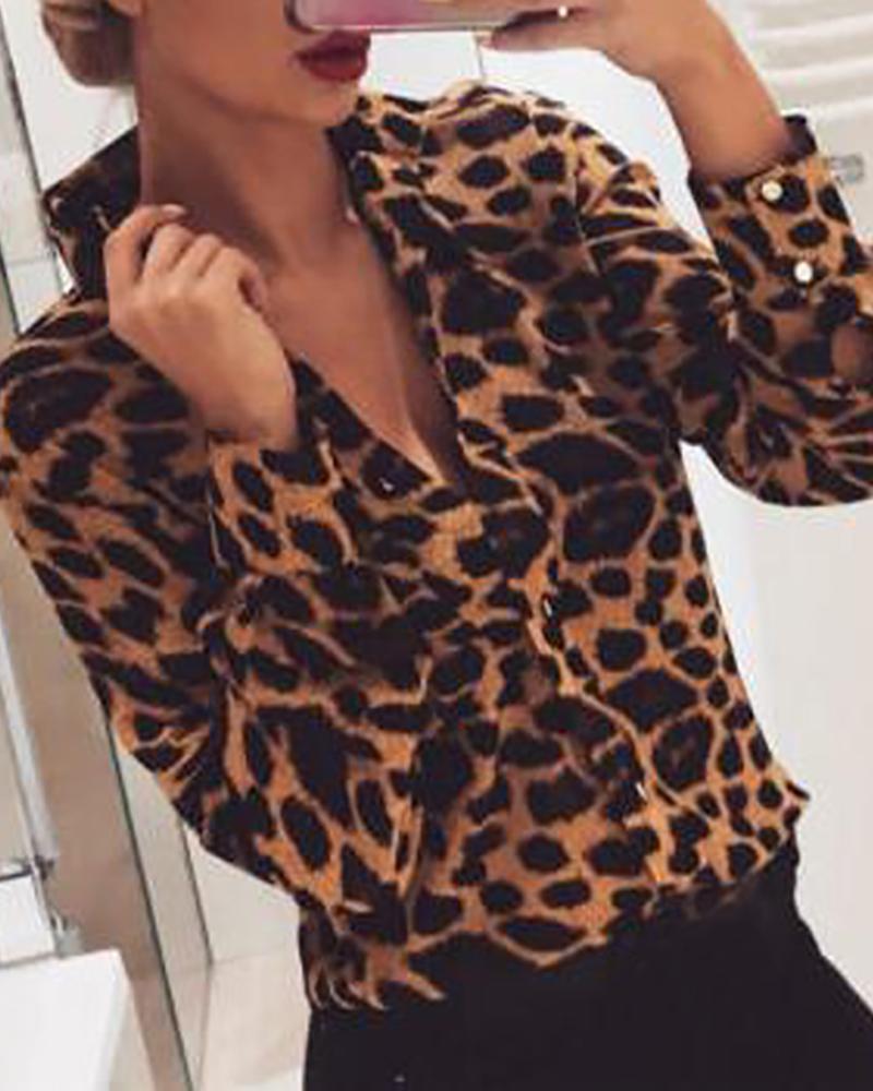 Outlet26 Button Design Long Sleeve V Neck Shirt Leopard