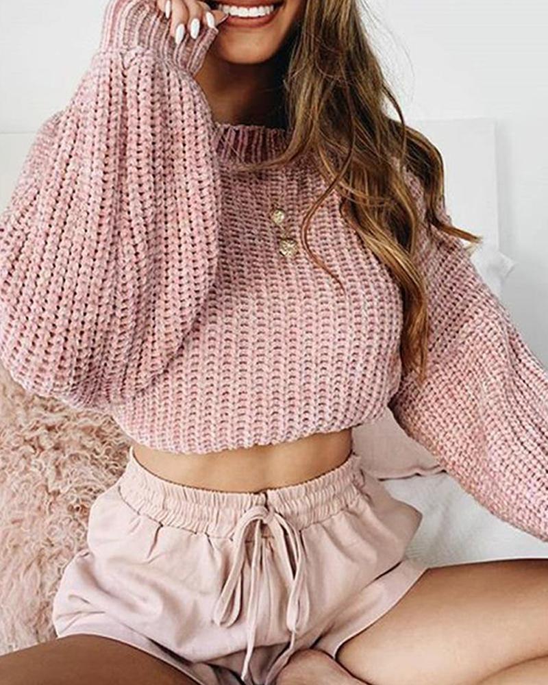 Outlet26 Puff Sleeve Knitted Crop Sweater pink