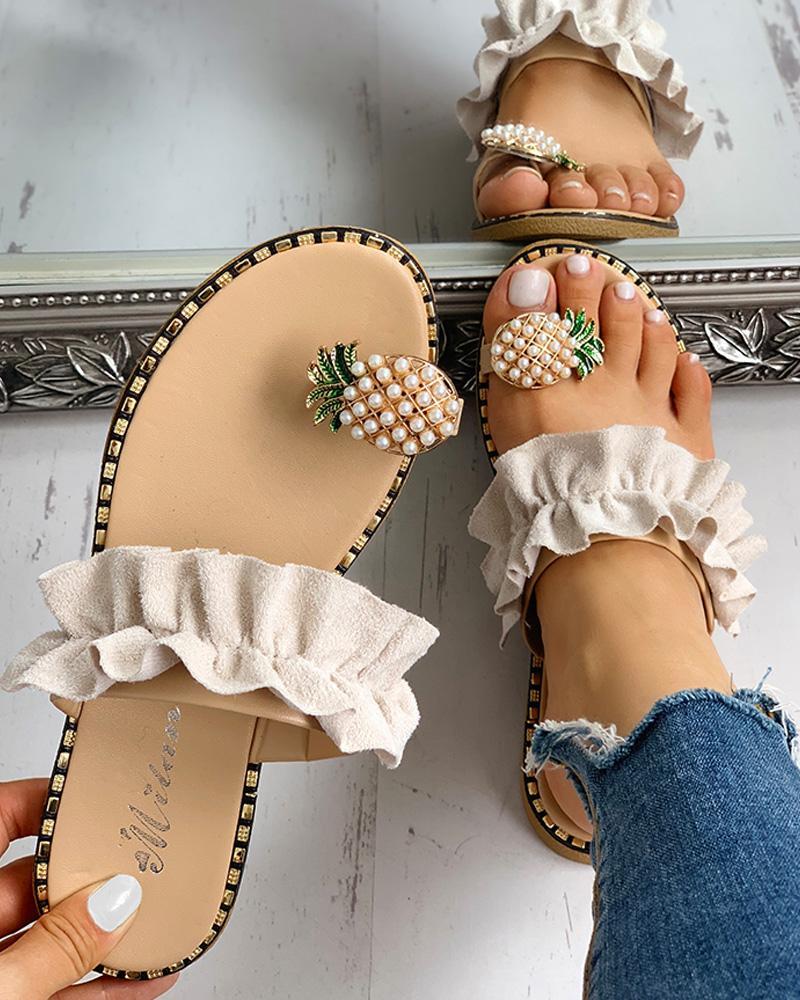 Outlet26 Pineapple Pattern Toe Ring Frill Hem Casual Sandals Apricot