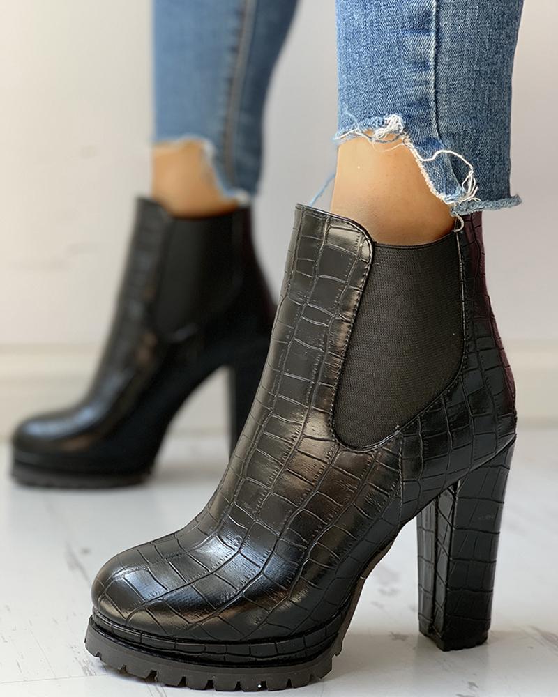 Outlet26 Solid Platform PU Chunky Heeled Boots black