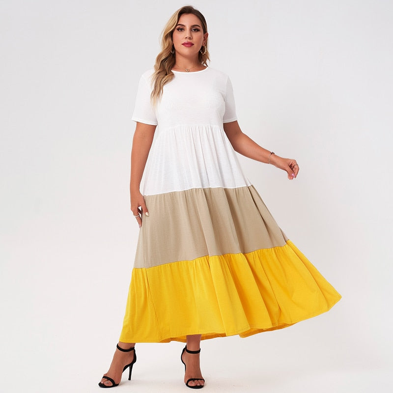 New Summer Long Dress Women Plus Size White Yellow Tan Patchwork Loose Casual Holiday Pleated Short Sleeve Maxi Dresses 4XL