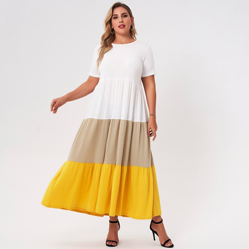 New Summer Long Dress Women Plus Size White Yellow Tan Patchwork Loose Casual Holiday Pleated Short Sleeve Maxi Dresses 4XL