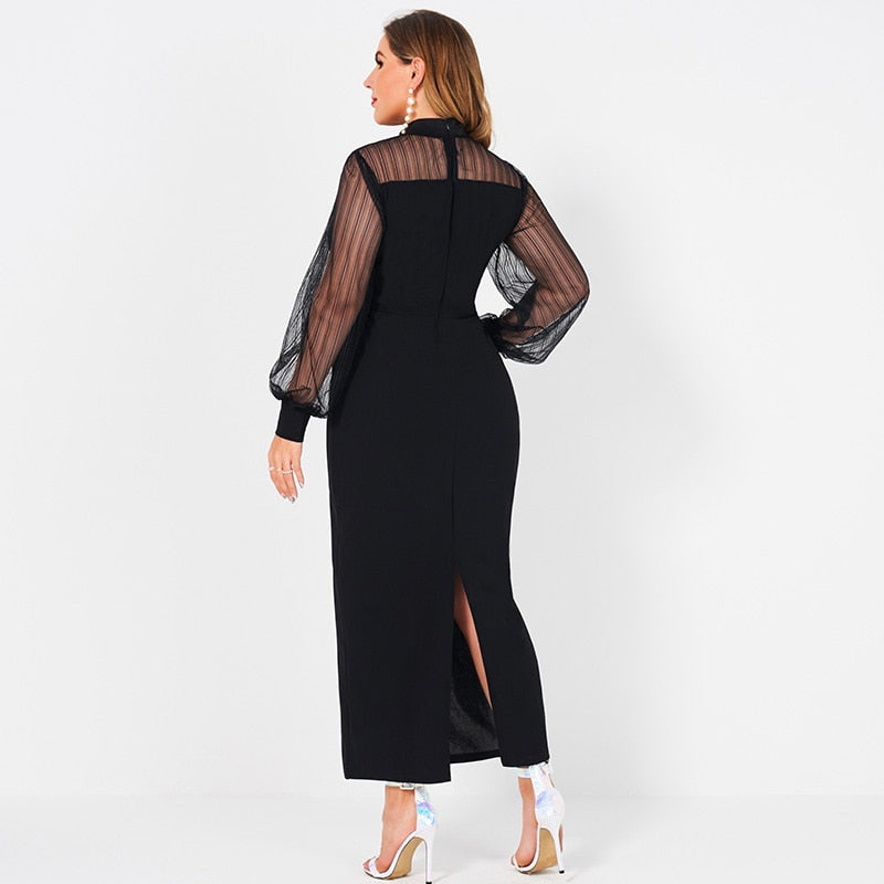 New Summer Maxi Dress Women Plus Size Black Sexy Gauze Patchwork Long Sleeve Slim Center Slit Hem On The Back Party Robes