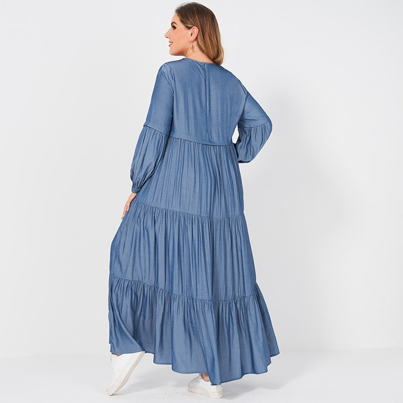 New Summer Maxi Dress Women Plus Size Solid Blue O-neck Pleated Cake Loose Large Size Big Swing Lantern Long Sleeve Dresses