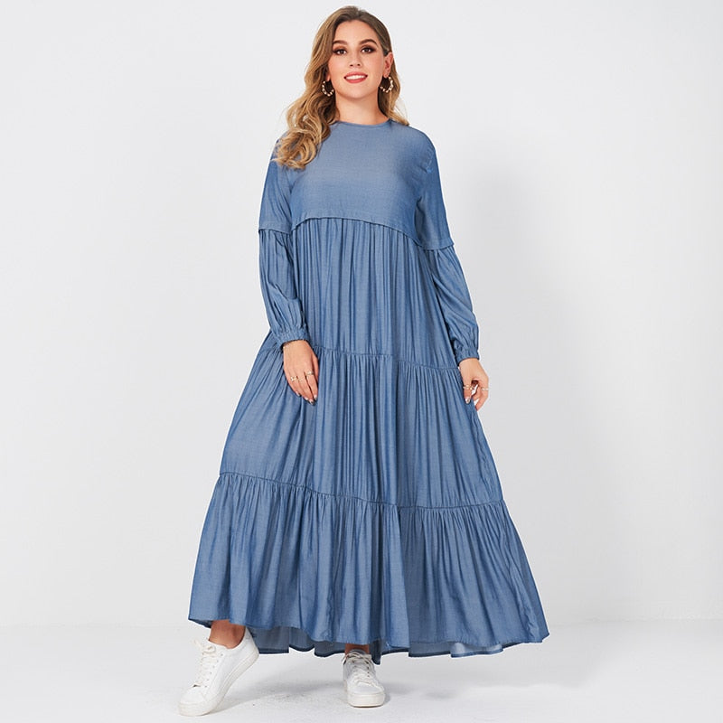 New Summer Maxi Dress Women Plus Size Solid Blue O-neck Pleated Cake Loose Large Size Big Swing Lantern Long Sleeve Dresses