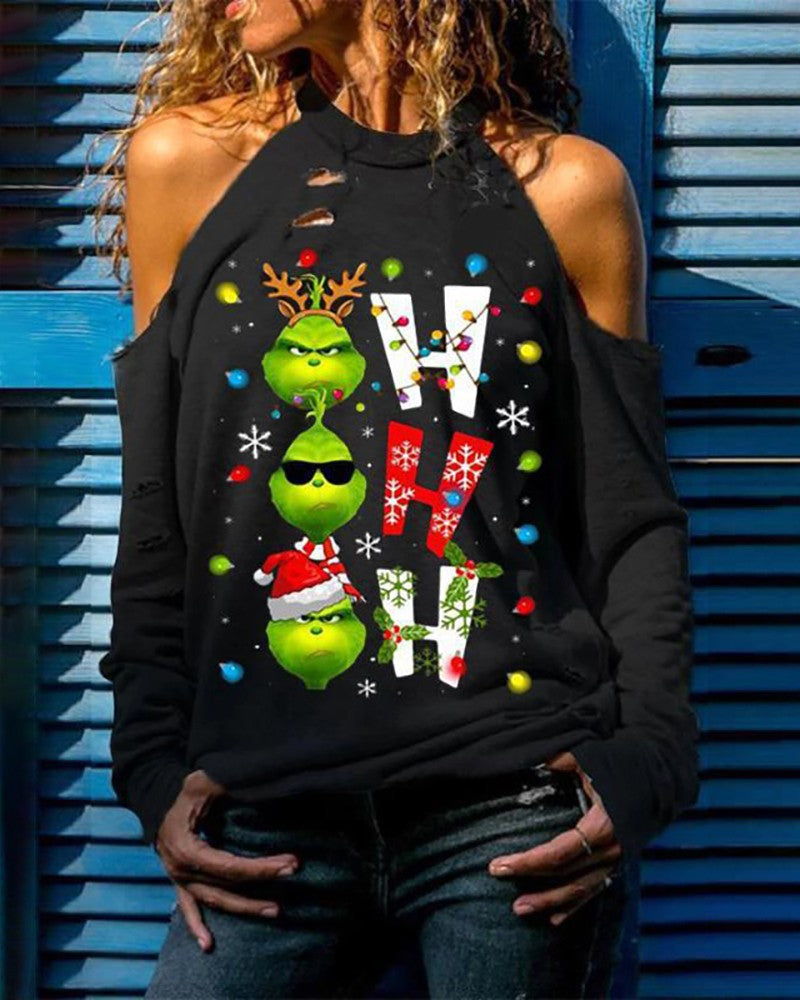 Cold Shoulder Christmas Print Sweatshirt