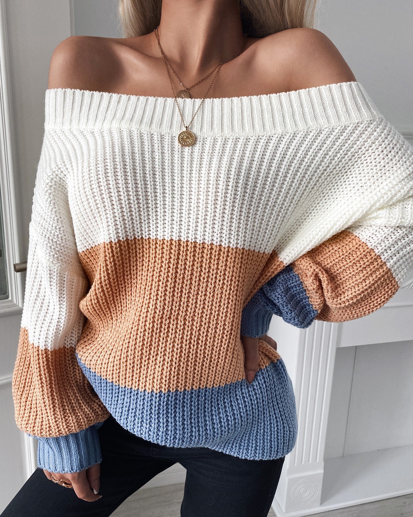 Colorblock Off Shoulder Chunky Knit������������������Sweater