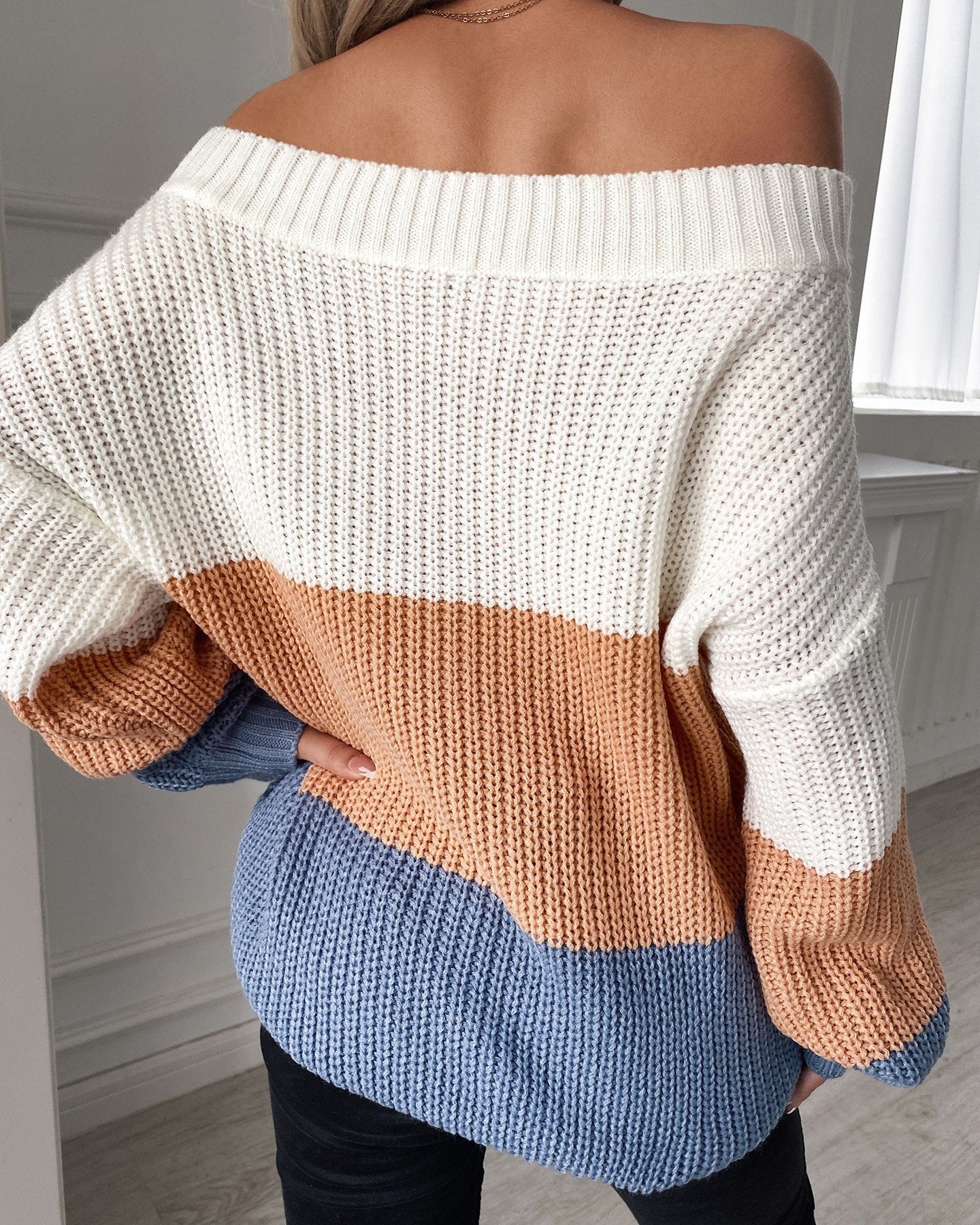 Colorblock Off Shoulder Chunky Knit������������������Sweater