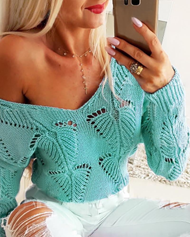 Hollow Out Long Sleeve V-Neck Sweater