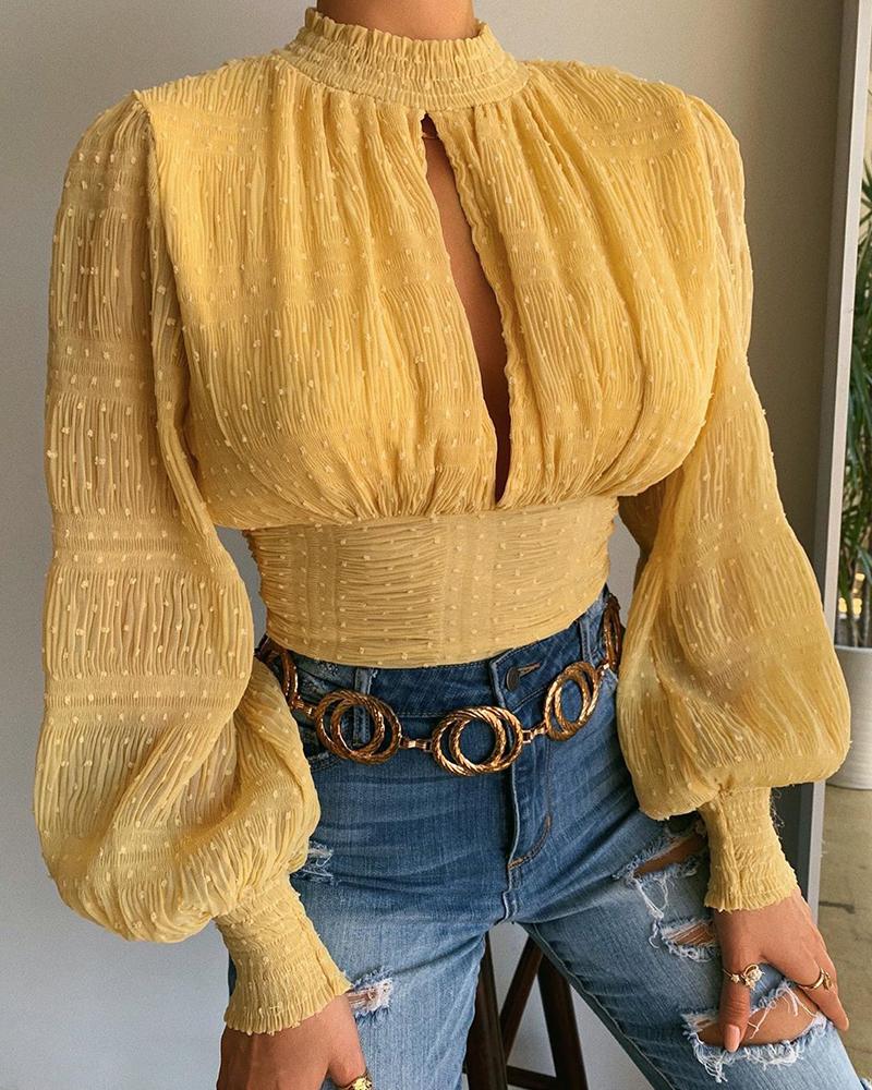 Solid Bubble Sleeve Loose Cut-out Blouse