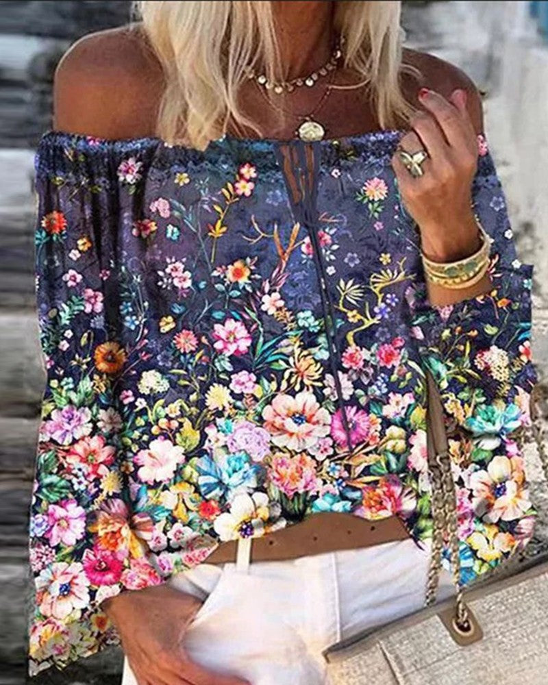 Off Shoulder Floral / Graphic / Butterfly Print Tie Front Top