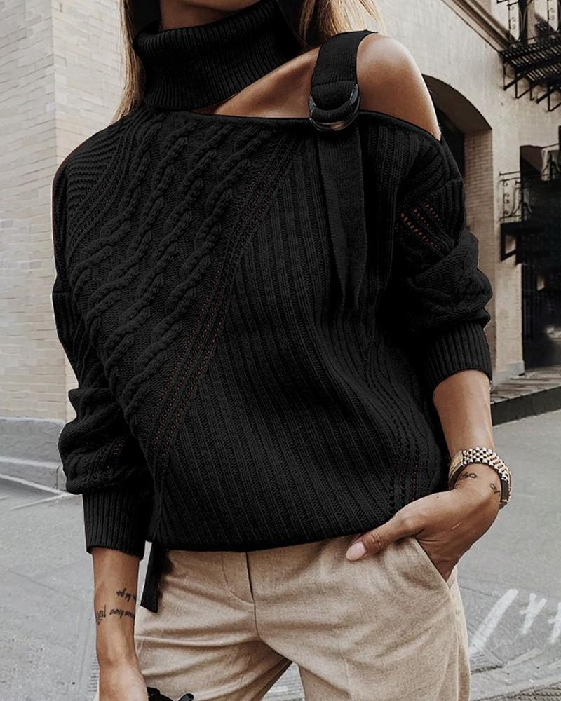One Shoulder Buckled Braided Hollow Out Sweater