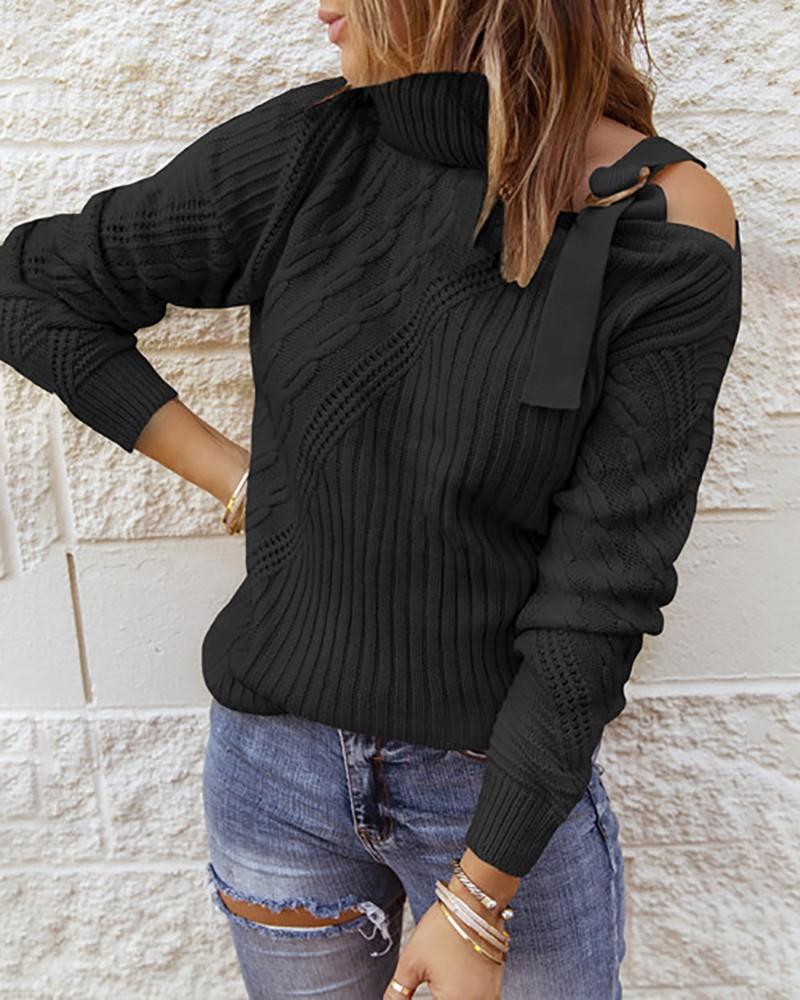 One Shoulder Buckled Braided Hollow Out Sweater