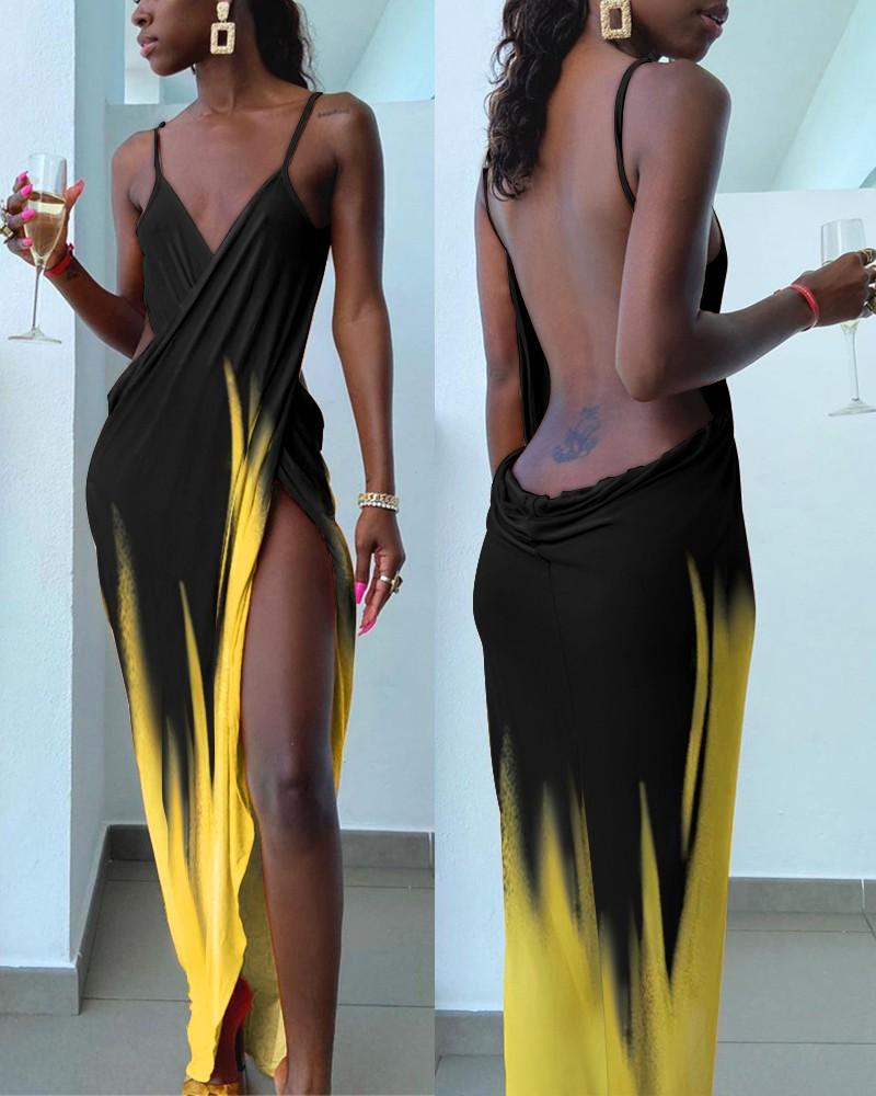 Colorblock High Slit Ruched Backless Party Dress