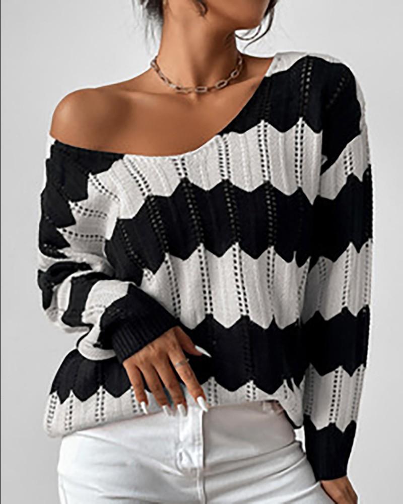 Colorblock Long Sleeve Hollow Out Knit Sweater