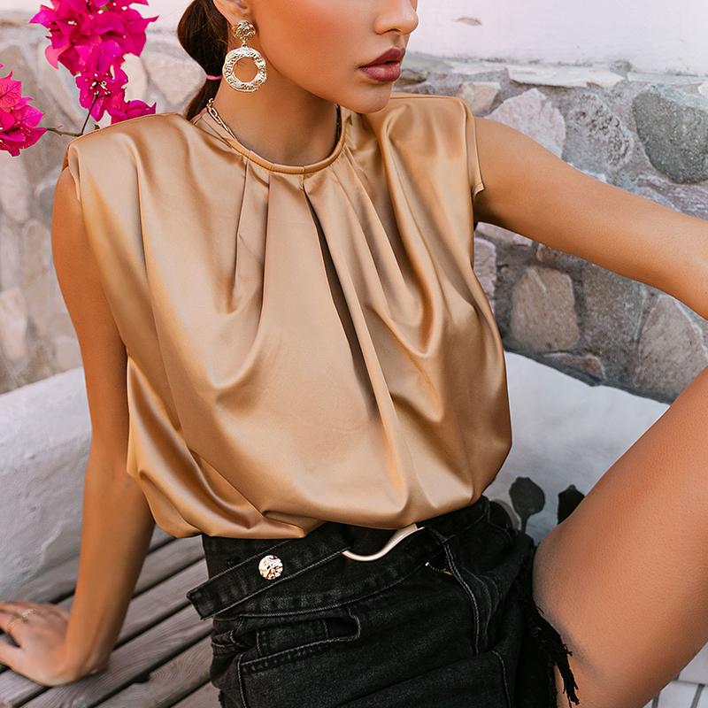 Shoulder pads casual summer fashion top Satin sexy pleated elegant o-neck