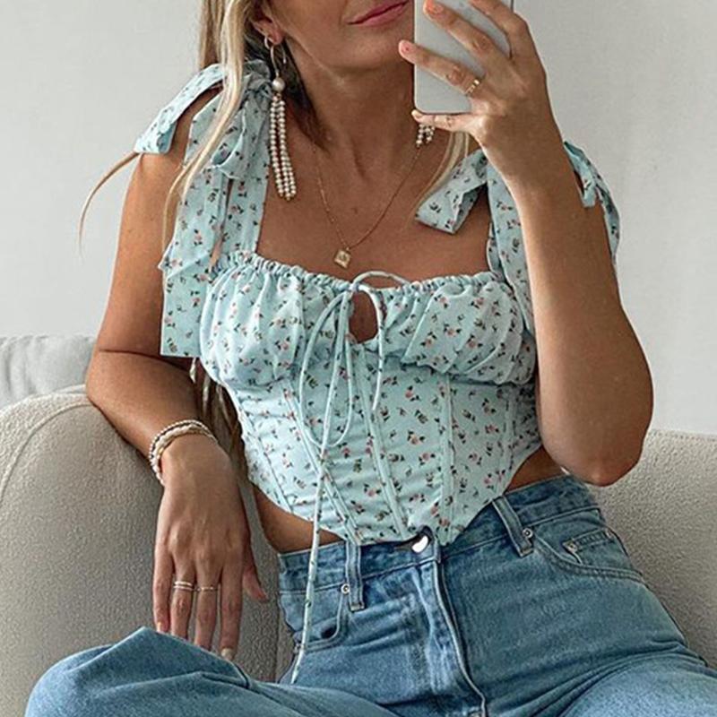 Holiday floral square collar ladies camis summer Casual lace up blue cami top