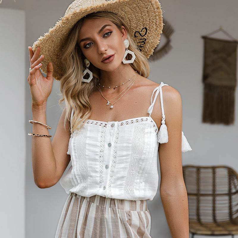 Holiday sexy white lace women camisole summer Button drape