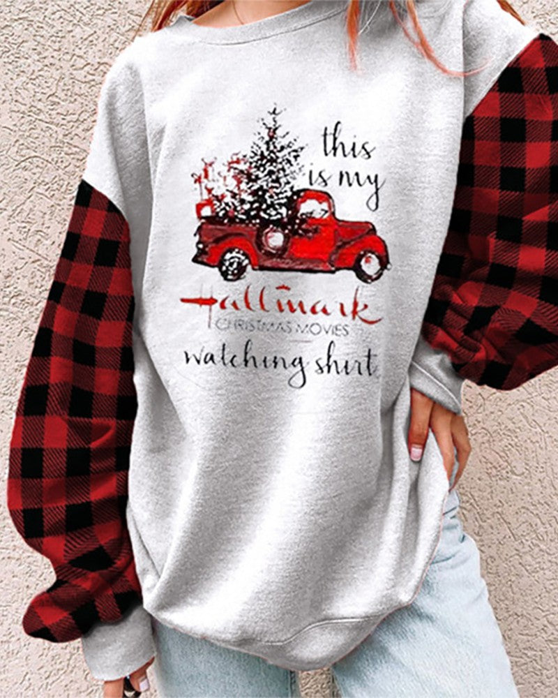 Christmas Plaid Print Colorblock Casual Sweatshirt