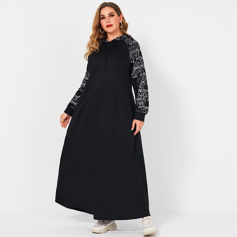 Dresses Woman Summer Plus Size Casual Silver Letter Print Long Sleeve Stitching Hooded Drawstring Loose Sport Black Dress
