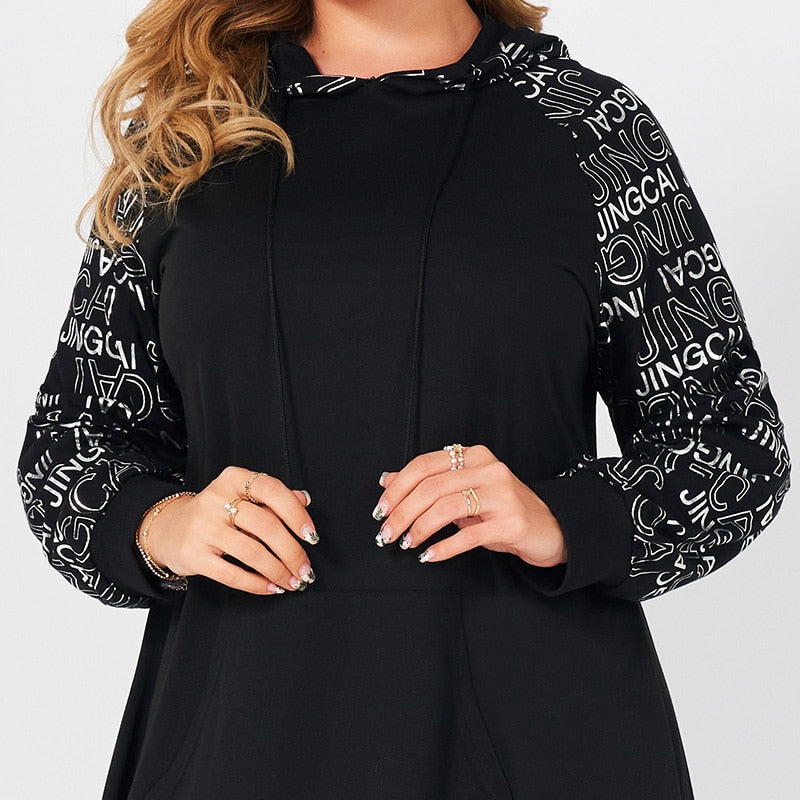 Dresses Woman Summer Plus Size Casual Silver Letter Print Long Sleeve Stitching Hooded Drawstring Loose Sport Black Dress