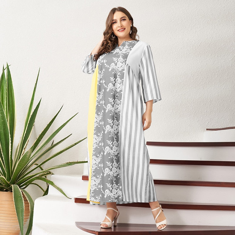 Dresses Woman Summer Plus Size Gray Floral Print Striped Stitching Loose Casual Holiday V-neck 3/4 Sleeve Long Maxi Dress