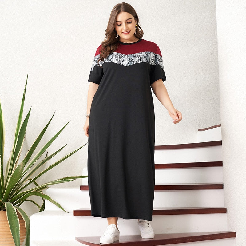 Dresses Woman Summer Plus Size Sports Snake Pattern Black Red Patchwork Stretchable Loose Casual Short Sleeve Maxi Dress
