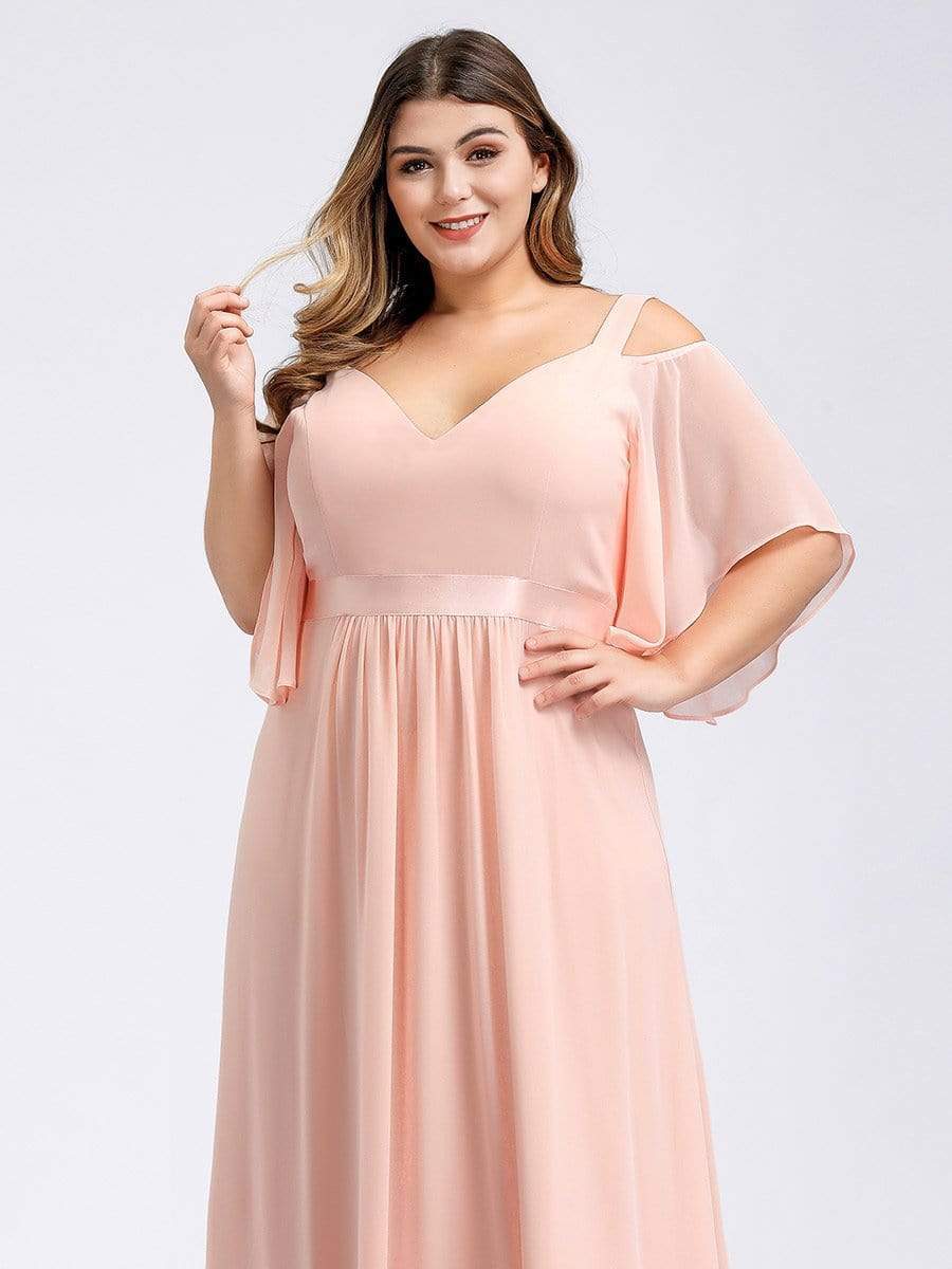 Plus Size Women's Off Shoulder Floor Length Bridesmaid Dress with Ruffle Sleeves