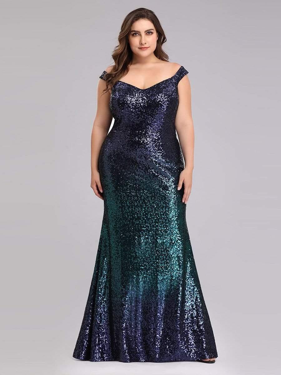 Plus Size Off Shoulder Sparkles Sequins Evening Gown