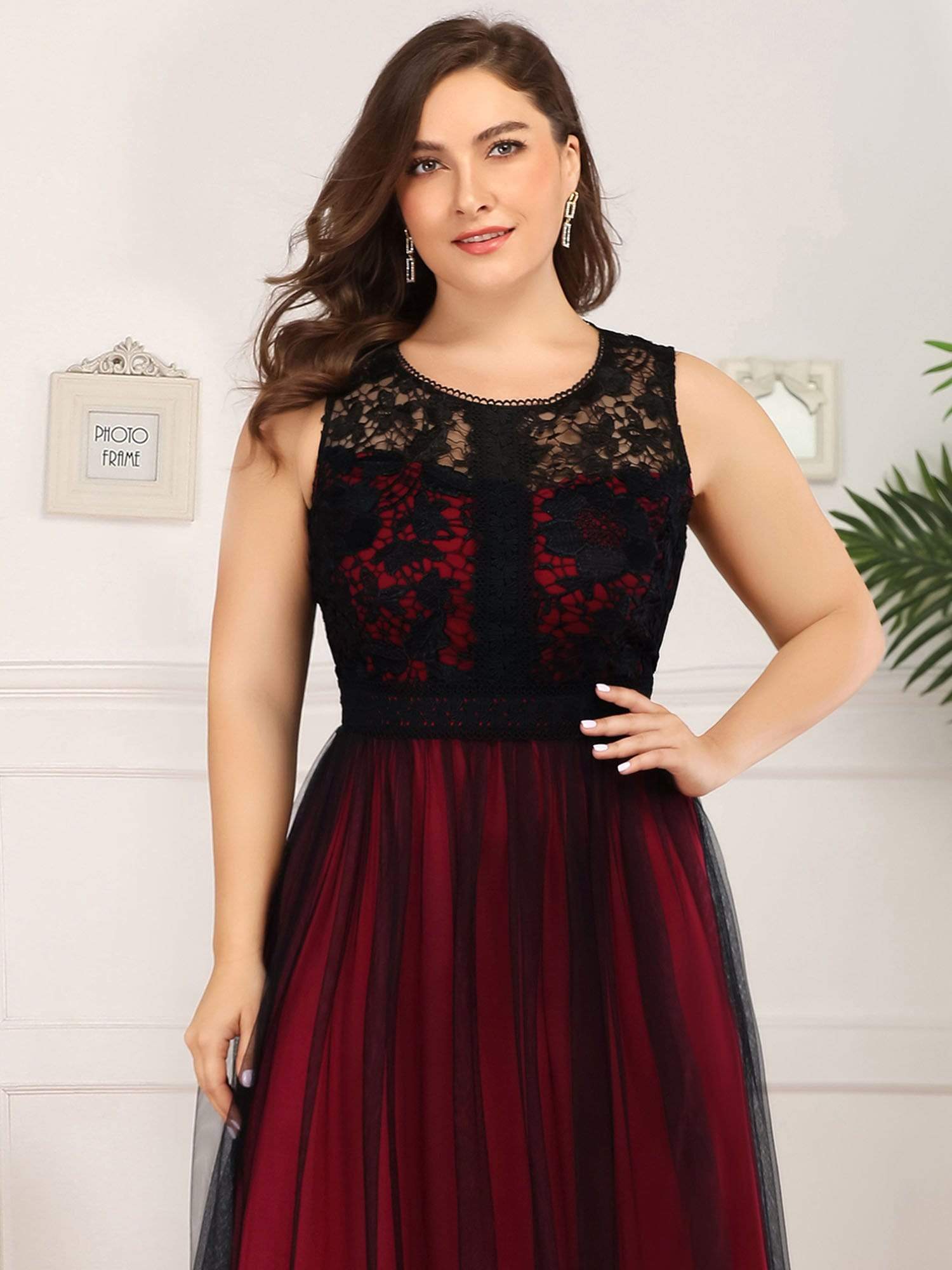 A-Line Maxi Long Plus Size Prom Dresses for Women with Mesh
