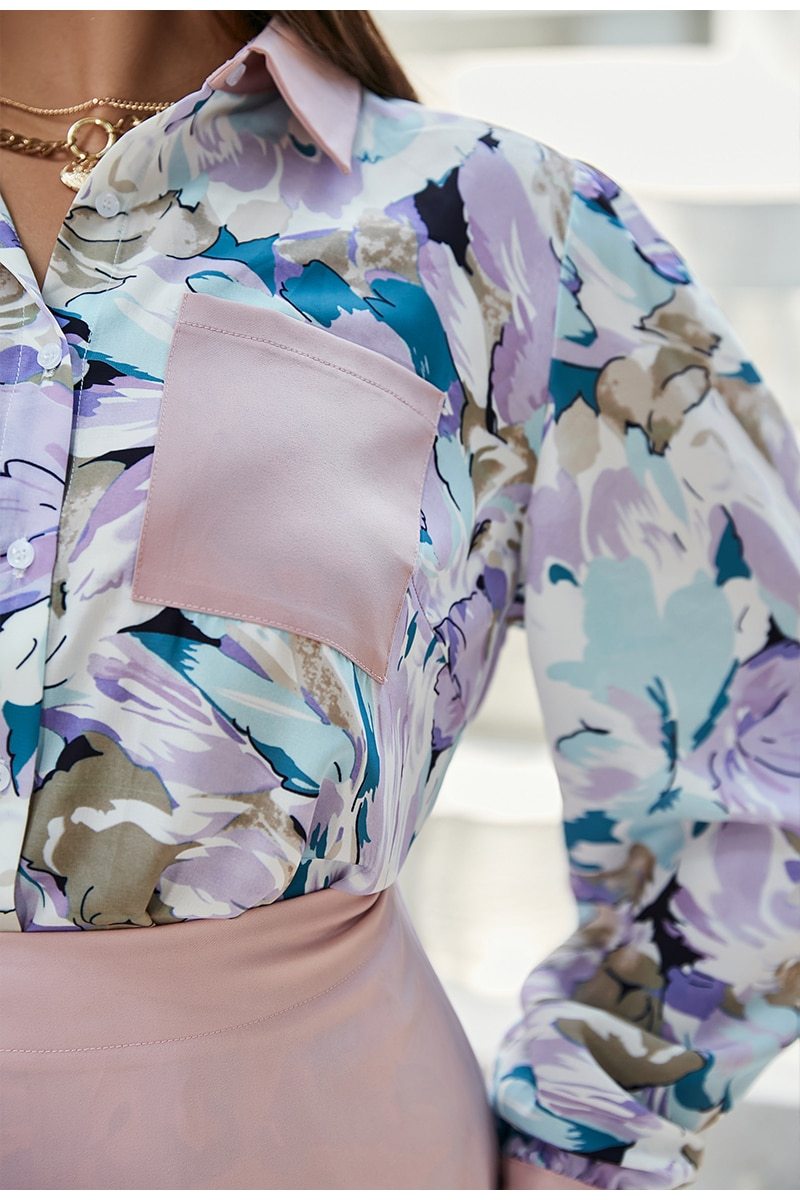 Plus Size Winter Floral Print Blouse With Long Sleeve Collar Pockets