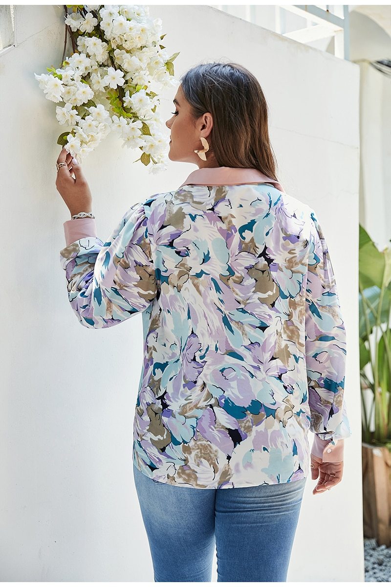 Plus Size Winter Floral Print Blouse With Long Sleeve Collar Pockets