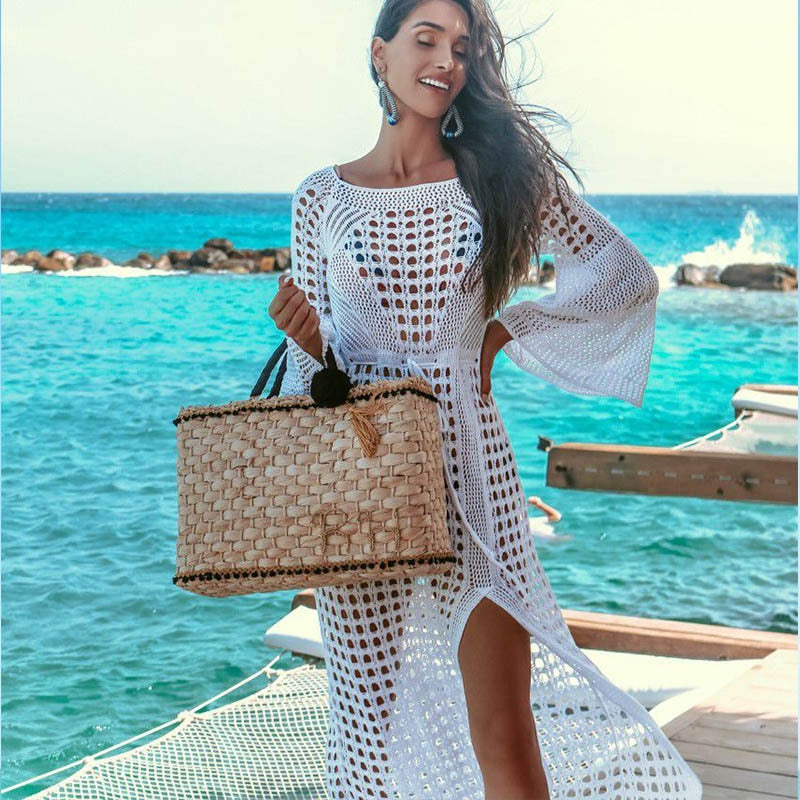 Sexy white women beach dress Summer hollow out long sleeve split sundress Elegant fashion holiday party vestidos 2019