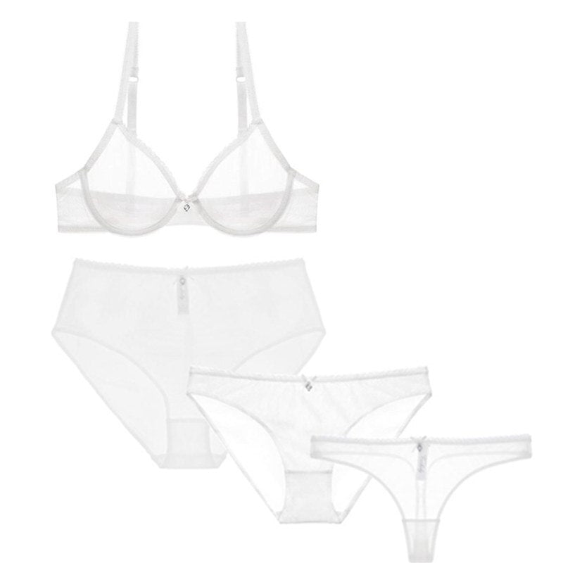 Sexy Transparent Underwear Set 4pcs Bras+Panties+Thongs+High Waist Briefs For Women