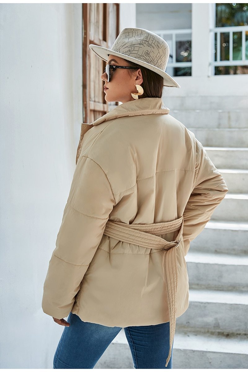 Plus Size Winter Belted Coat With Buttons And Pockets