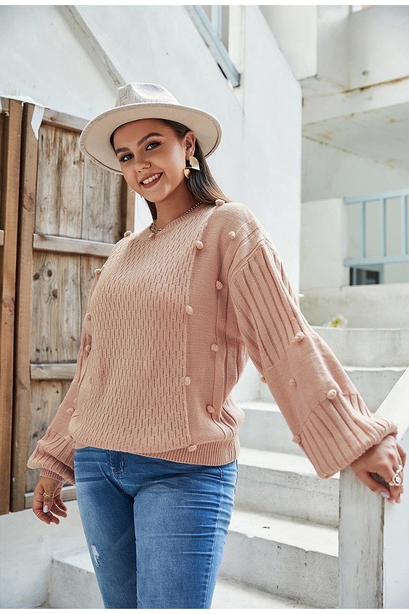 Plus Size Drop Shoulder Stripped Pullover With Lantern Sleeve
