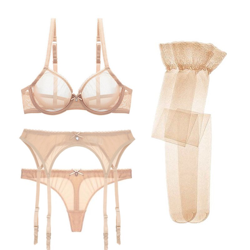 sexy ultra-thin transparent yarn lingerie set bras+garters+thongs+stockings 4 pcs for young women
