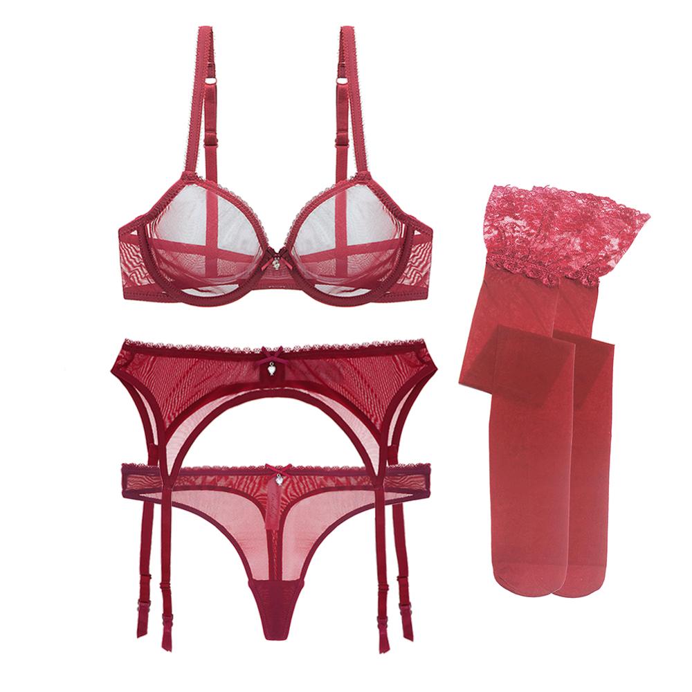 sexy ultra-thin transparent yarn lingerie set bras+garters+thongs+stockings 4 pcs for young women