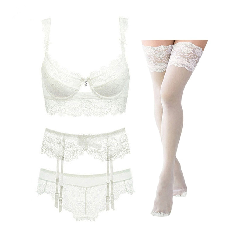 Thin Cotton Lace Sexy Comfortable Breathable Bra Set 4 Piece Bra+Panties+Garter+Stockings