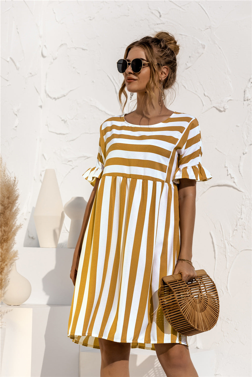 Casual striped loose A-line women dress summer Ruffle short sleeve holiday beach midi dress Fashion spring dresses 2021