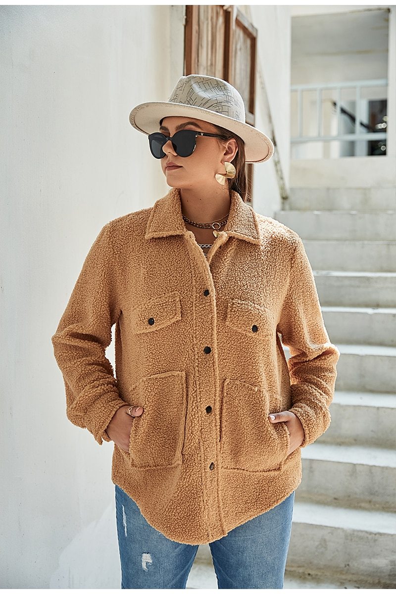 Plus Size Buttoned Jacket Teddy Coat Long Sleeve For Women