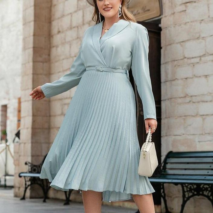 Plus Size Formal Buckle Belted Pleated Dress Long Sleeve V-Neck