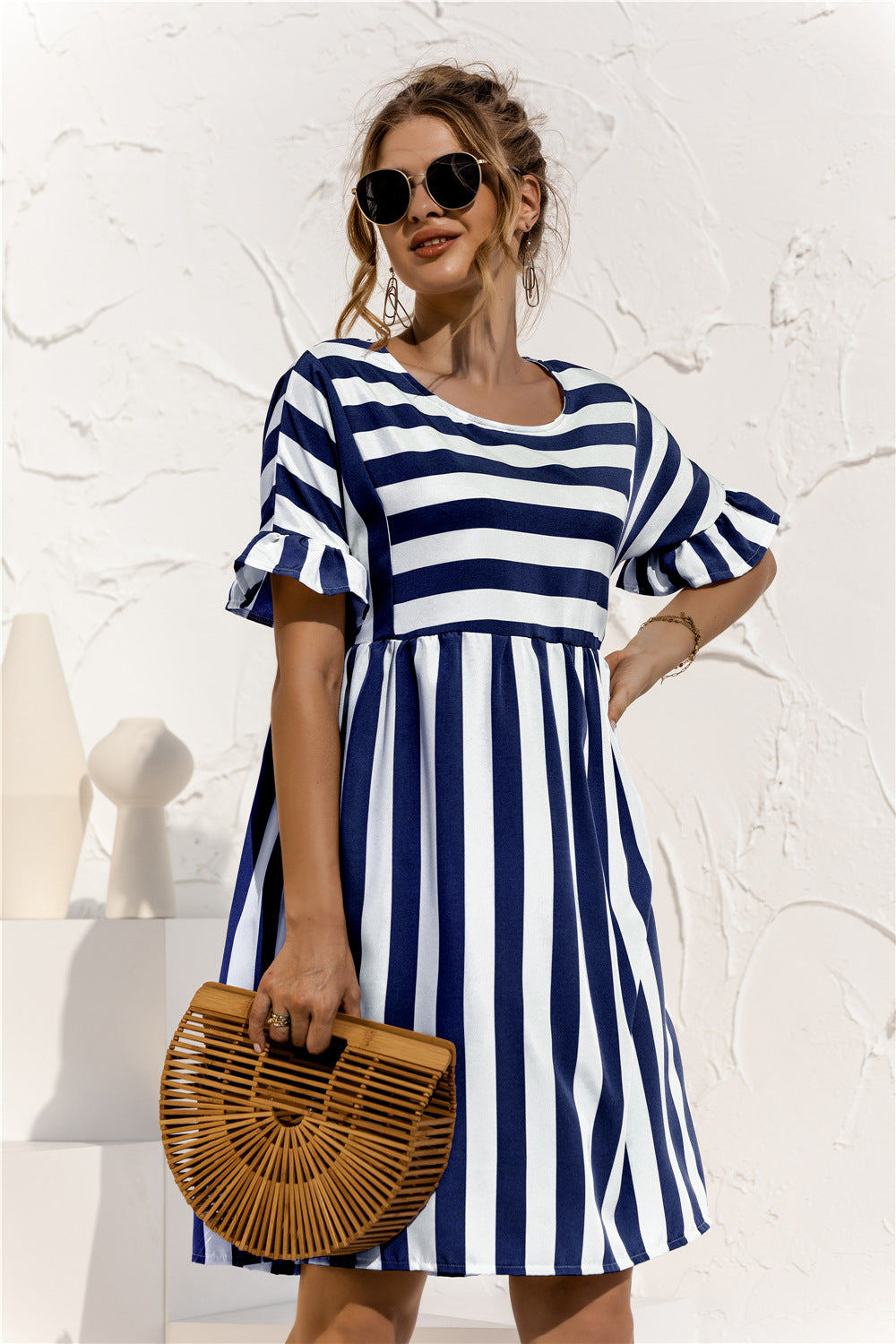 Casual striped loose A-line women dress summer Ruffle short sleeve holiday beach midi dress Fashion spring dresses 2021