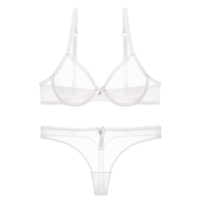 sexy lace unlined underwear set solid transparent three quarters yarn thong bra set